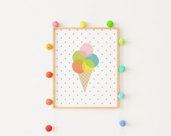 Colorful Ice Cream Cone Print: Kids Room Wall Art Nursery Decor