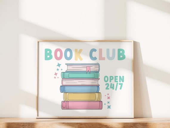 Book Club Wall Art Print, Cute Pastel Books, DIY Printable for Nursery, Kids Room, or Classroom Reading Nook, Instant Download Horizontal