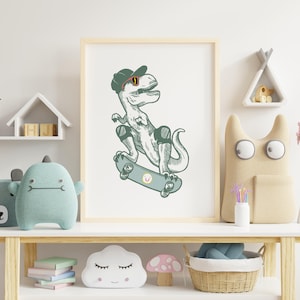 Skate Dino Wall Art • Skate Art for Kids Bedroom • Kids Skating Dinosaur Decor • Printable Art for a Cool T-Rex Themed Boys Bedroom