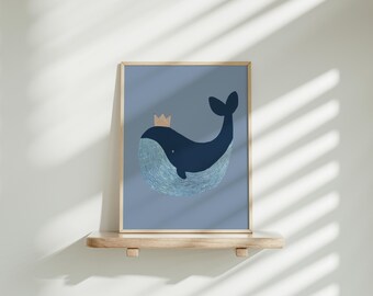 Whale Nursery Art Print • Ocean Animal with Crown (Digital Download, 8x10, 11x14 JPEG Files