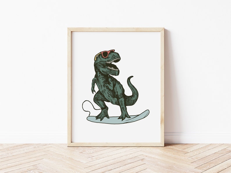 Surfing T-Rex Wall Art Surf Art for Kids Bedroom Kids Surfing Dinosaur Decor Printable Art for aModern Beach Themed Boys Bedroom image 1