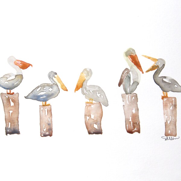 Appollaiati pellicani originale Acquerello pittura 8 x 10 pollici, 9 x 12 pollici