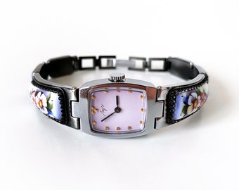 Pink watch dial. Antique Enamel bracelet watch. Cocktail women's vintage watch. Delicate vintage watch for women. ladies watches floral.