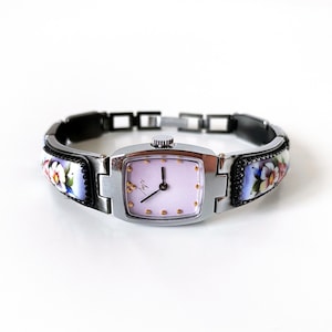 Pink watch dial. Antique Enamel bracelet watch. Cocktail women&#39;s vintage watch. Delicate vintage watch for women. ladies watches floral.