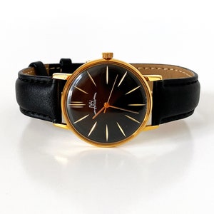 Gold watch for men Vintage. Watch men gilded Watch. Old Stock watch. Black thin watch. Mens watch Mechanical. Leather wrist engraved watch