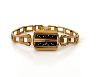 Vintage women's watch with solid bracelet and black face. Delicate ladies small watch. Dainty gold watch. Dainty vintage watch for women