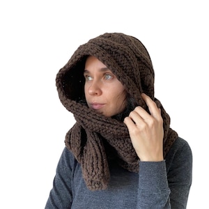 Hooded Scarf Women Long Scarf for men Handmade Wool Scarf Chunky Scarf Wool brown Scarf dark brown hooded scarf brown knit scoodie scarf