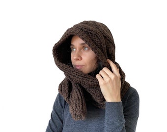 Hooded Scarf Women Long Scarf for men Handmade Wool Scarf Chunky Scarf Wool brown Scarf dark brown hooded scarf brown knit scoodie scarf