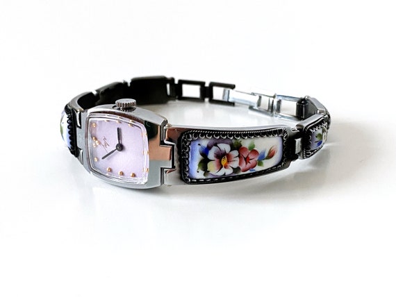 Pink watch dial. Antique Enamel bracelet watch. C… - image 3