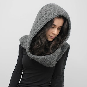 Grey Hooded Scarf Long Wool Scarf Chunky Scarf Warm Scoodie Scarf Women's Wool Scarf Hooded Scarf Handmade Women Hooded Scarf Man