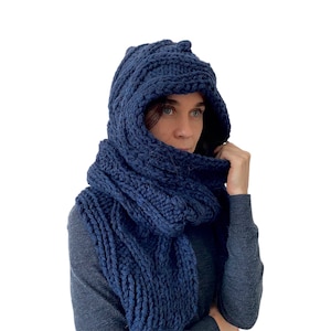Navy Blue Long Hooded Scarf Handmade Winter Women's Scarf Wool Hooded Men's Scarf Hand Knitted Hooded Scarves Woolen Hooded Scarf
