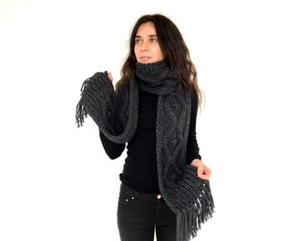 Knit scarf Winter scarf Chunky long scarf charcoal grey scarf Wool scarf with fringe Handmade wool knitted scarf English classic scarf