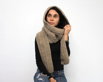 Oatmeal Hooded Scarf Long Scarf for men Scarf Chunky Scarf Scoodie Wool Scarf Crocheted scoodie scarf Women's Hood scarf Christmas gift