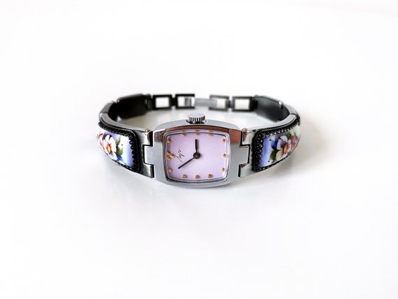Pink watch dial. Antique Enamel bracelet watch. C… - image 1