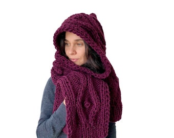Women's Knitted Hooded Scarf Chunky Hand Knit Scarf For Men Wool Scarf Burgundy Hooded Scarf Christmas Gift for Her Hooded winter scarf