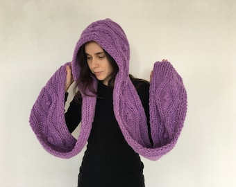 Hooded Scarf. Scarf. Hood, scarf hooded, Chunky scarf, Lavender Scarf, wool scarf