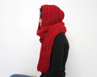 Red Hand Knitted Scarf Hooded Scarf For Women Handmade Chunky Hood Scarf Crochet Long Scarf Women Warm Men's Wool Hooded Cowl Christmas Gift