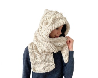 Oatmeal Hooded Scarf Long Scarf Wool Women's Scarf Chunky Winter Scarf Wool Men's Winter Scarf Handmade Hooded Scarves Knitted Scarves