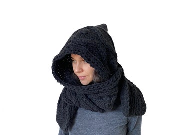 Hooded Scarf. Long Scarf. Wool Scarf. Chunky Scarf. Scoodie Scarf. Wool Black Scarf. black hooded scarf. knit scoodie scarf