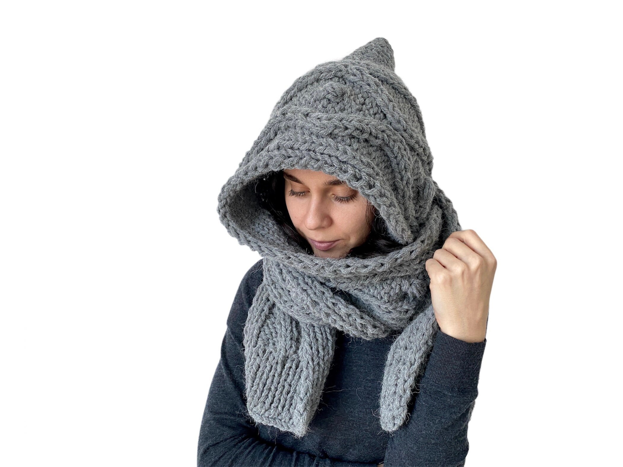 Grey Hooded Scarf Wool Chunky Scarf Hood Scarf Chunky Knit Scarf