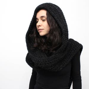 Warm Crocheted Women Hood Crochet Scarf Men&#39;s Hooded Scarf Hand Knit Wool Crochet Scarf Black Scarf Womens Scarf Head Scarf Ukraine Scarf