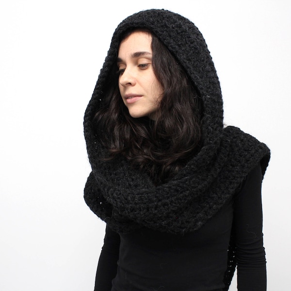 Warm Crocheted Women Hood Crochet Scarf Men's Hooded Scarf Hand Knit Wool Crochet Scarf Black Scarf Womens Scarf Head Scarf Ukraine Scarf