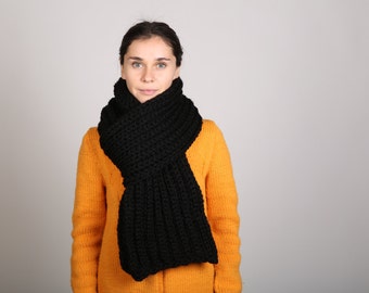 Black chunky scarf Wool scarf Black long scarf Long knit scarf Winter English scarf for men Women's scarf Knitted scarf Boyfriend gift