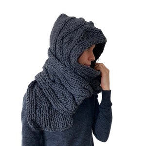 Hooded Scarf. Long Scarf. Wool Scarf. Chunky Scarf. Scoodie Scarf. Wool charcoal Scarf. charcoal hooded scarf, graphite knit scoodie scarf