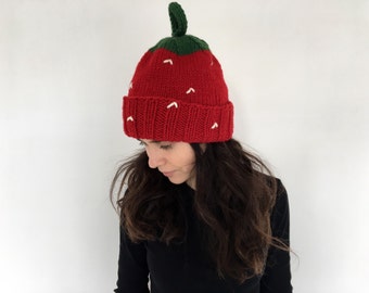 Slouchy beanie winter hat for women. Red Hat. strawberry hat. strawberry beanie. womens winter hat. Red green wool hat. strawberry costume