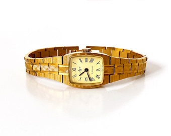 Vintage watch with solid bracelet. Mechanical watch. Engraved watch. Cocktail delicate watch. Vintage bangle watch. Dainty gold womens watch