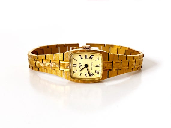 Vintage watch with solid bracelet. Mechanical watch. Engraved watch. Cocktail delicate watch. Vintage bangle watch. Dainty gold womens watch