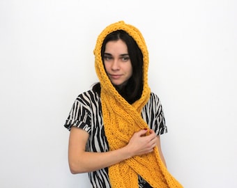 Yellow long hooded scarf Scoodie for women Hooded wool scarf Women's hooded scarf Knit chunky scarf Knit hooded scarf Christmas Gift for her