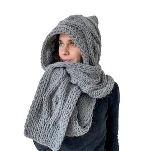 Grey Hooded Scarf Wool Chunky Scarf Hood Scarf Chunky Knit Scarf Winter Women's Handmade Hooded Scarf Men's Winter scarf Christmas Gift