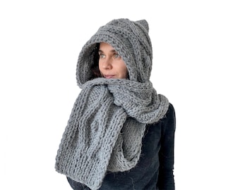Grey Hooded Scarf Wool Chunky Scarf Hood Scarf Chunky Knit Scarf Winter Women's Handmade Hooded Scarf Men's Winter scarf Christmas Gift