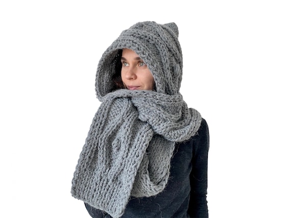 Grey Hooded Scarf Wool Chunky Scarf Hood Scarf Chunky Knit Scarf