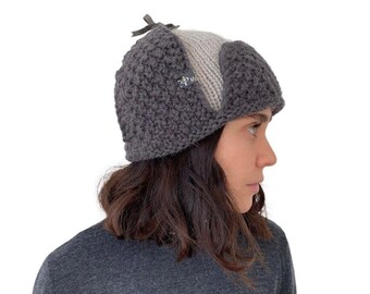 Hand Knitted Grey Women's Wool Winter Handmade Hat Ear Flap Hat Winter Wool Hat For Woman Ushanka Hat Trapper Hat Women Men's Trapper Cap