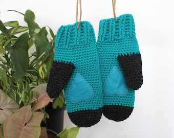 Wool mittens. Crochet Mittens with leather heart. charcoal mittens. heart mittens. womens gloves. knitted mittens. turquoise mittens