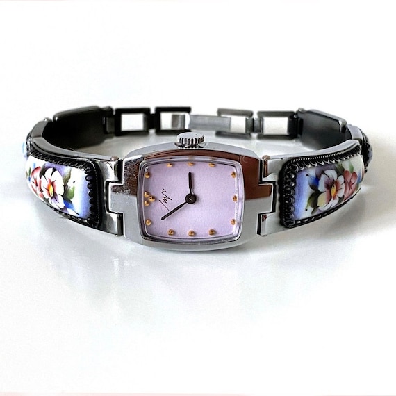 Pink watch dial. Antique Enamel bracelet watch. C… - image 2