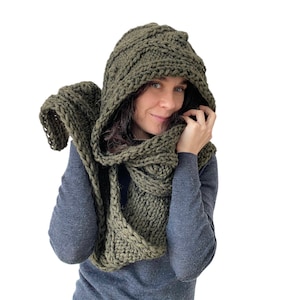 Bufanda con capucha de punto grueso verde caqui con rombos Bufanda con capucha de punto larga de gran tamaño Regalo para ella Bufanda para hombre Bufanda con capucha de lana