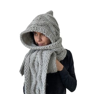 Winter Hooded Scarf Long Scarf Light Grey Scarf Wool Hooded Scarf Chunky Scarf Women's Men's Scoodie Scarf Wool Winter Scarf Handmade Scarf