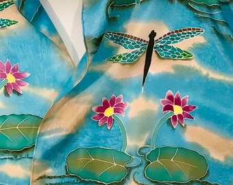 Dragonflies & Lilies - 100% Habotai Silk Scarf - Hand Painted Silk Scarf - 60 x 15 Rectangular Silk Scarf