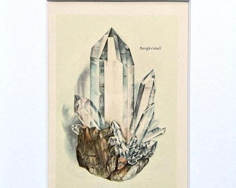 Bergkristal Vintage Mineralien Druck von 1938 Edelsteine originale Illustration Kristalle antike Lithographie mit Passepartout