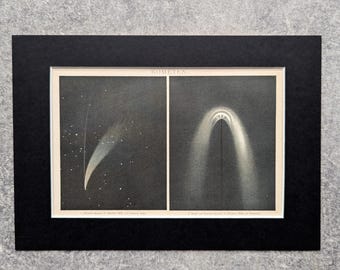 May include: A vintage print featuring two detailed illustrations of comets against a dark background. The print is mounted on a black mat, showcasing the celestial bodies with their glowing tails and surrounding stars. The word "Kometen" is at the top.
