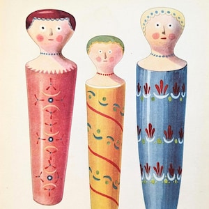 Holzpuppen Vintage Druck von 1952 Holzspielzeug Volkskunst originale Illustration Spielzeug Wanddeko Geschenk für Vintagefans Volksspielzeug
