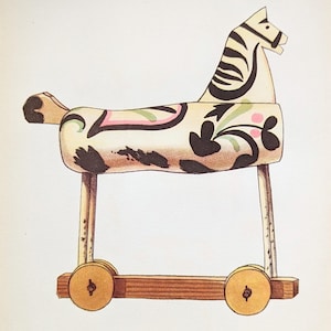 Holzspielzeug Vintage Druck von 1952 Holzpferd Volkskunst originale Illustration Spielzeug Wanddeko für Kinderzimmer Volksspielzeug