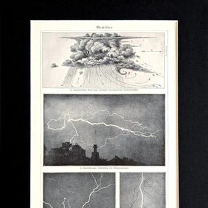 May include: A black and white vintage print depicting weather phenomena. The top section illustrates a storm cloud with arrows and labels. Below, a striking image of lightning illuminates a landscape. The word "Gewitter" is at the top.