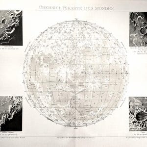 May include: A vintage black and white map of the moon, titled "ÜBERSICHTSKARTE DES MONDES." The map features detailed illustrations of lunar craters and geographical features, with inset images and text labels. A classic piece for astronomy enthusiasts.