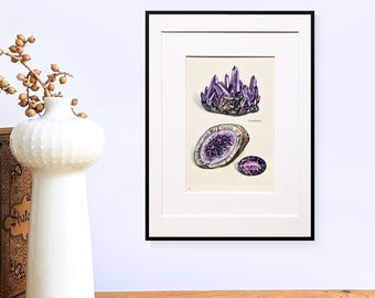 Amethyst original print from 1938 vintage poster with passepartout gemstones illustration