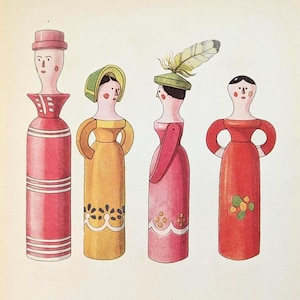 Rasselpuppen Vintage Druck von 1952 Holzspielzeug Volkskunst originale Illustration Spielzeug Holzpuppen folklore Kunst