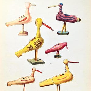 Holzvögel Vintage Druck von 1952 Holzspielzeug originale Illustration Spielzeug Wanddeko Geschenk für Vintagefans Volkskunst Holzdeko